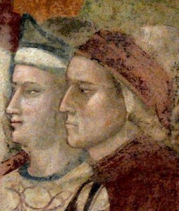 Giotto, Cappella del Podesta, Palazzo Bargello, Firenze: affresco con Dante e Brunetto Latini (1335)